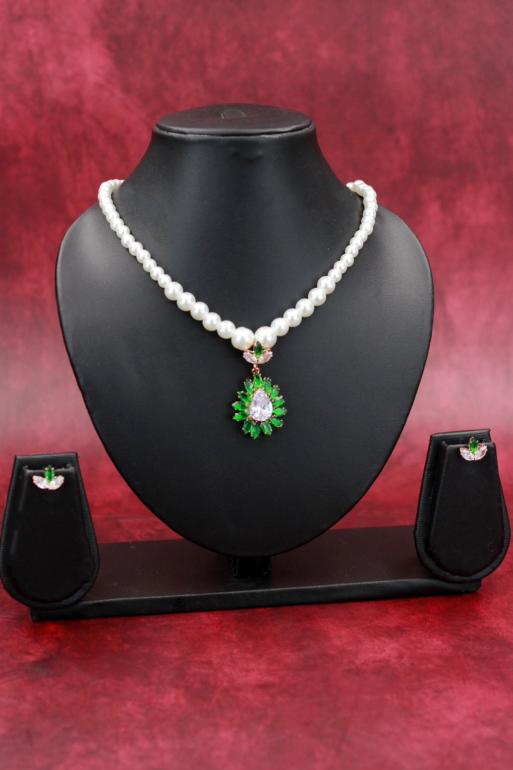 Pearl Necklace Set with Floral Teardrop Pendant and Matching Earrings - Baby Pink, Yellow, Navy Blue, Sky Blue, Green, Red - Green