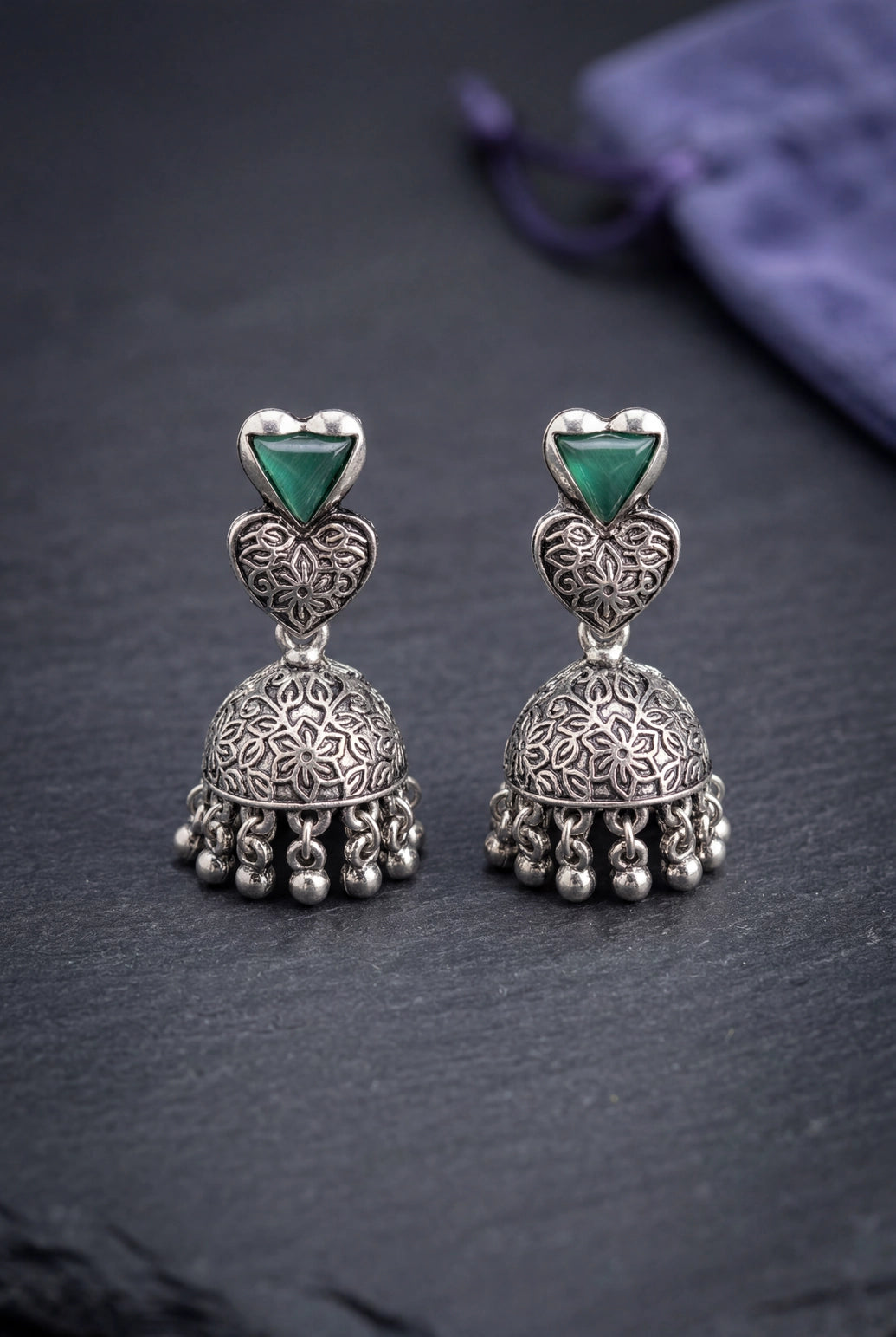 Heart Top Oxidized Silver-Tone Jhumka Earrings with Triangular Stone Accent and Ghungroo Drops - Green