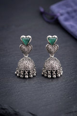 Heart Top Oxidized Silver-Tone Jhumka Earrings with Triangular Stone Accent and Ghungroo Drops - Green