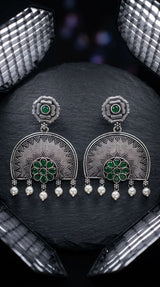 Oxidized Silver Floral Pendant Earring Set with Pearl Drops and Sunburst Motif - Green