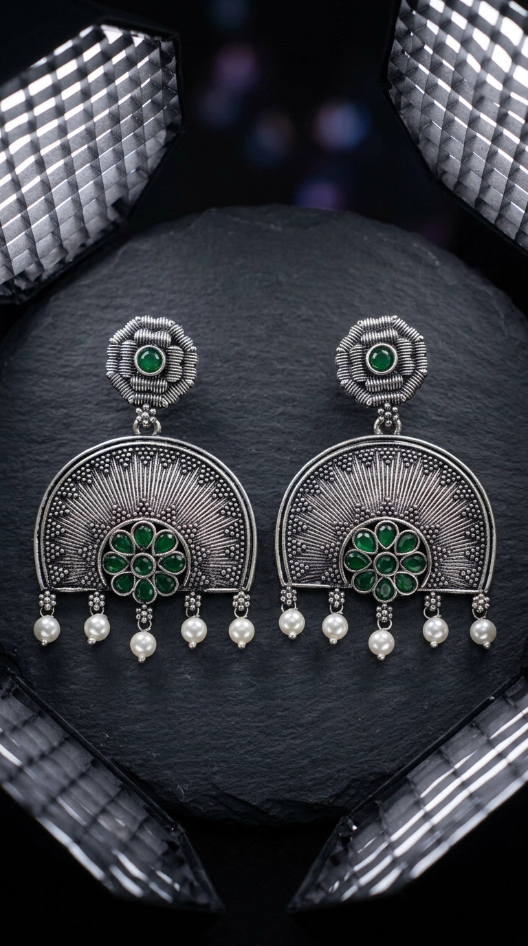 Oxidized Silver Floral Pendant Earring Set with Pearl Drops and Sunburst Motif - Green