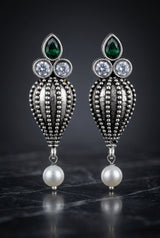 Antique Oxidized Silver Teardrop Jhumka Earrings with Pearls & Crystal Stones (1 Pair) - Green