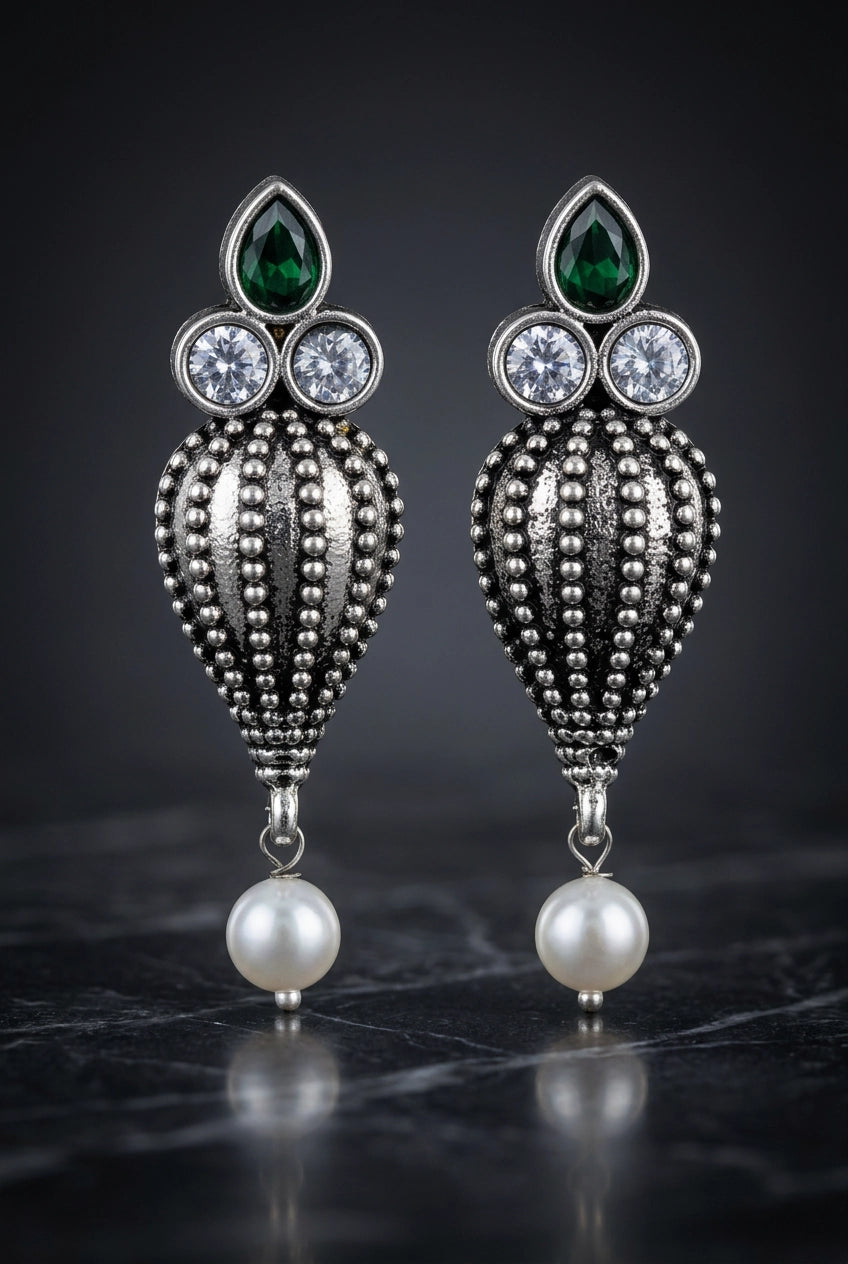 Antique Oxidized Silver Teardrop Jhumka Earrings with Pearls & Crystal Stones (1 Pair) - Green