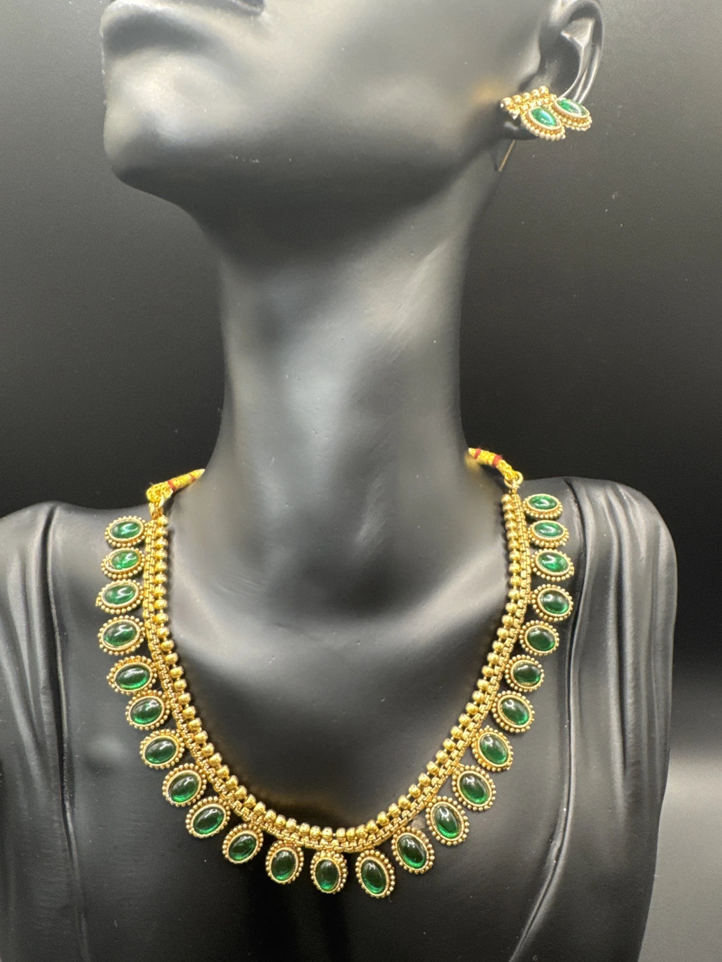 Traditional Gold-Tone Necklace Set with Oval Green or Pink Imitation Stones and Matching Earrings for Ethnic Wear - Green