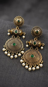 Antique Gold-Tone Circular Stud & Pearl Drop Statement Earrings for Festive Ethnic Wear - Green