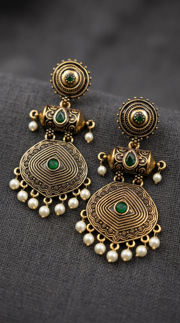 Antique Gold-Tone Circular Stud & Pearl Drop Statement Earrings for Festive Ethnic Wear - Green