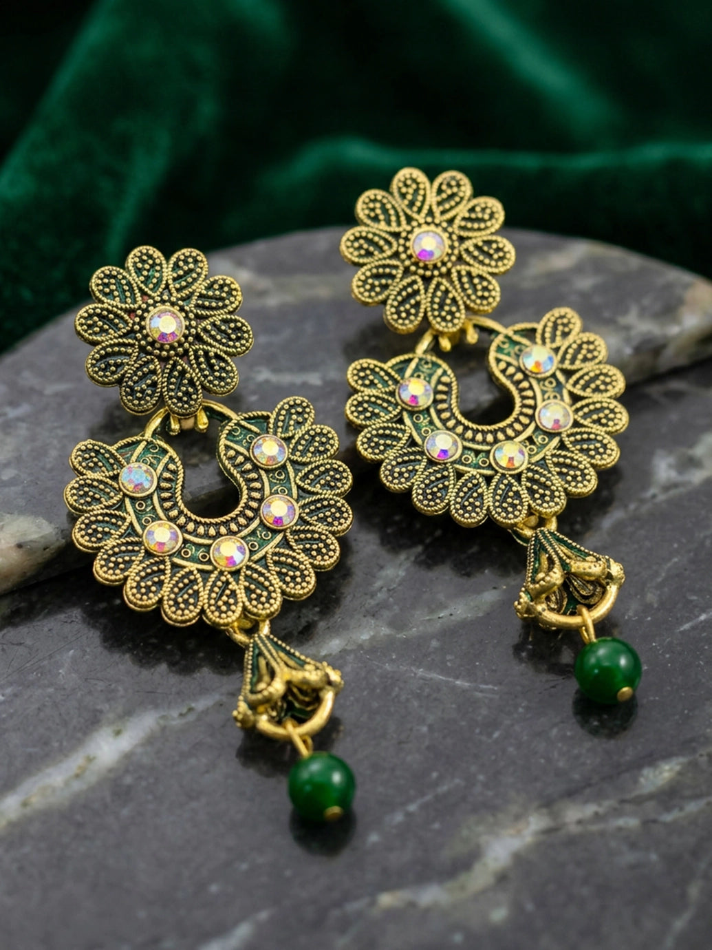 Traditional Floral Drop Earrings with Colorful Stone Stud and Bead Dangles - Green