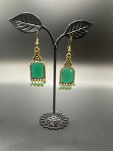 Antique Gold-Tone Arch Drop Earrings with Bead Fringe-Multiple Colours Jewelry JCS Fashions Green 2.2 inch