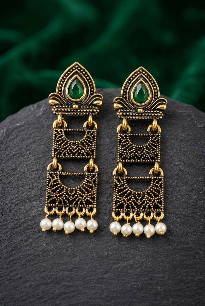 Sona Novelty Antique Gold-Tone Traditional Drop Earrings with Pearl Bead Drops, Rectangular Pattern Panels - Green