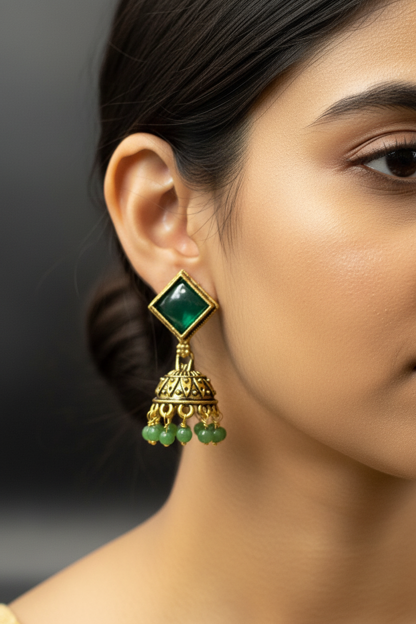 Oxidized Gold-Look Jhumka Earrings with Square Stone & Beads