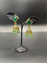 Oxidized Gold-Look Jhumka Earrings with Square Stone & Beads Jewelry JCS Fashions green 1.50 inch