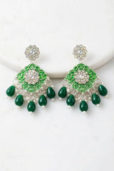 Floral Drop Earrings with Sparkling Multi-Colour Stones and Teardrop Beads - Green/Red/Pink - Green
