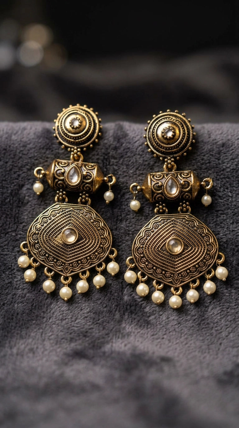 Antique Gold-Tone Circular Stud & Pearl Drop Statement Earrings for Festive Ethnic Wear - Grey