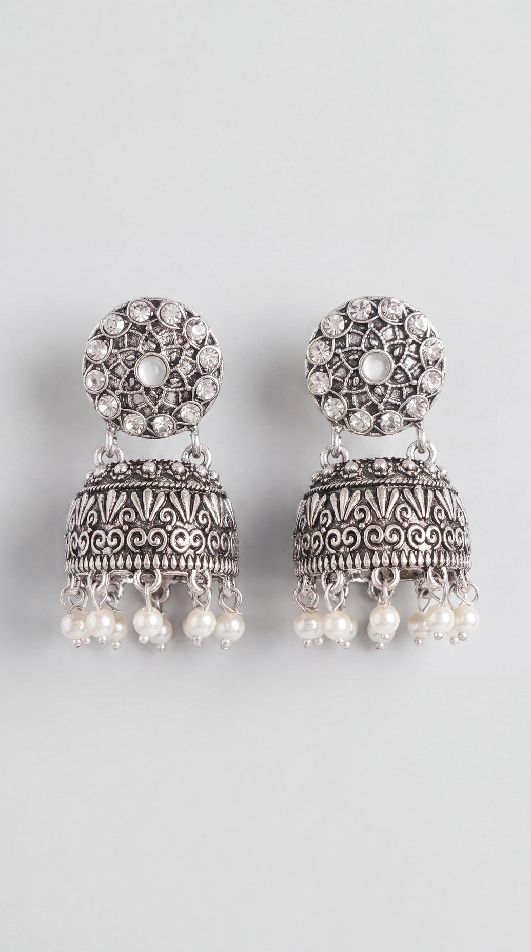 Oxidized Silver-Tone Jhumka Earrings with Studded Stones and Pearl Drops - Grey