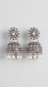 Oxidized Silver-Tone Jhumka Earrings with Studded Stones and Pearl Drops - Grey