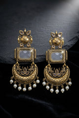 Traditional Antique Gold-Tone Statement Earrings with Pearl Drops and Coloured Stones - Grey