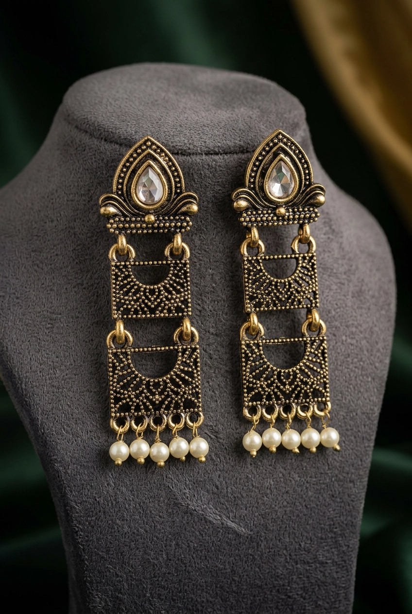 Sona Novelty Antique Gold-Tone Traditional Drop Earrings with Pearl Bead Drops, Rectangular Pattern Panels - Grey