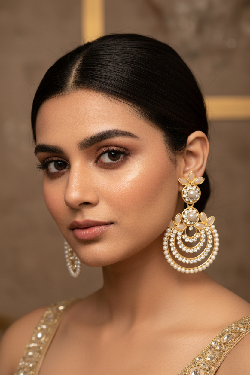 Traditional Gold-Tone Teardrop Earrings with Bead Work - 2.5 inch
