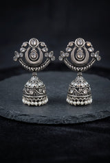 Oxidized Silver Traditional Jhumka Earrings with Crescent Top, Teardrop Stones & Pearl Tassels - Grey