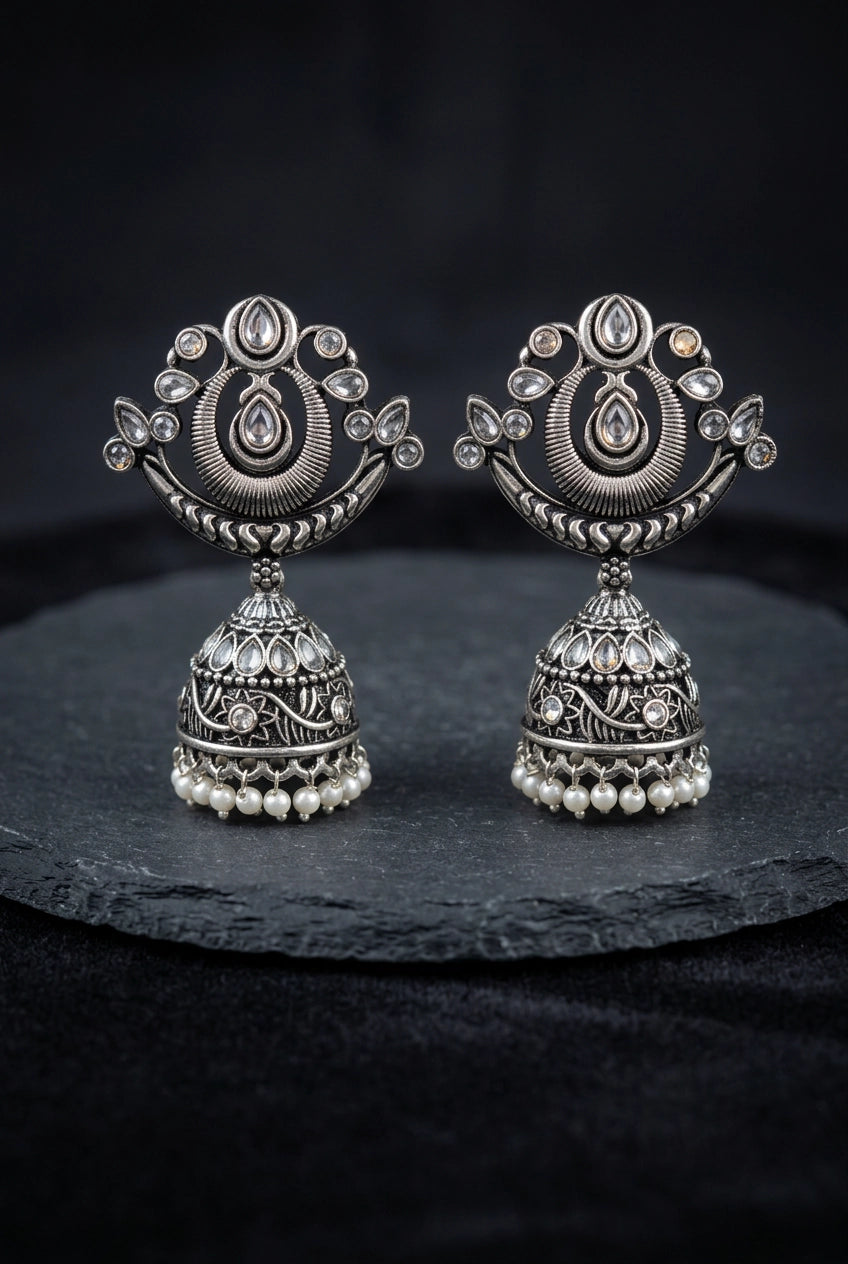 Oxidized Silver Traditional Jhumka Earrings with Crescent Top, Teardrop Stones & Pearl Tassels - Grey