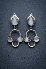 Silver-Tone Stone Drop Earrings with Circular Cluster Design for Women - Grey