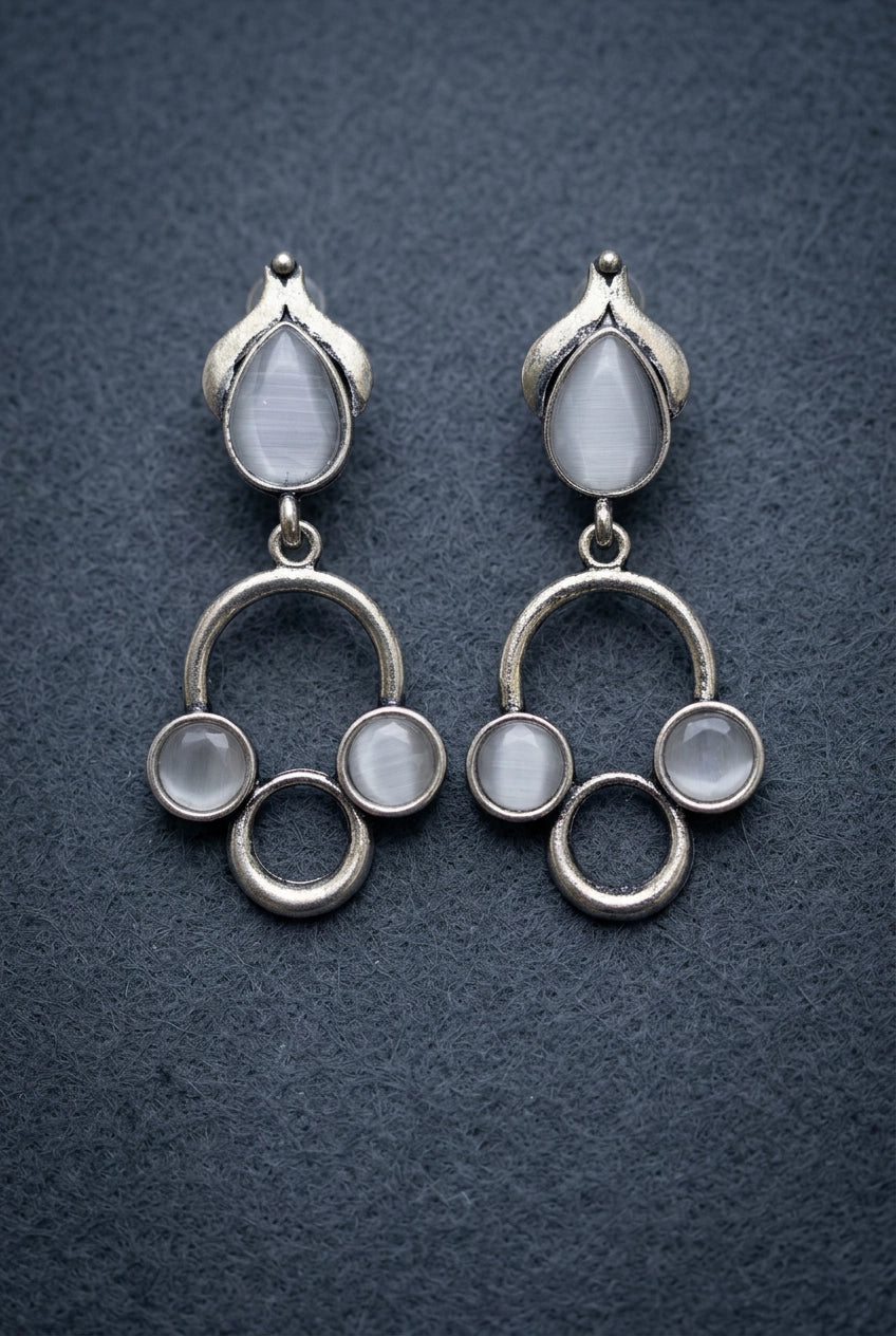 Silver-Tone Stone Drop Earrings with Circular Cluster Design for Women - Grey