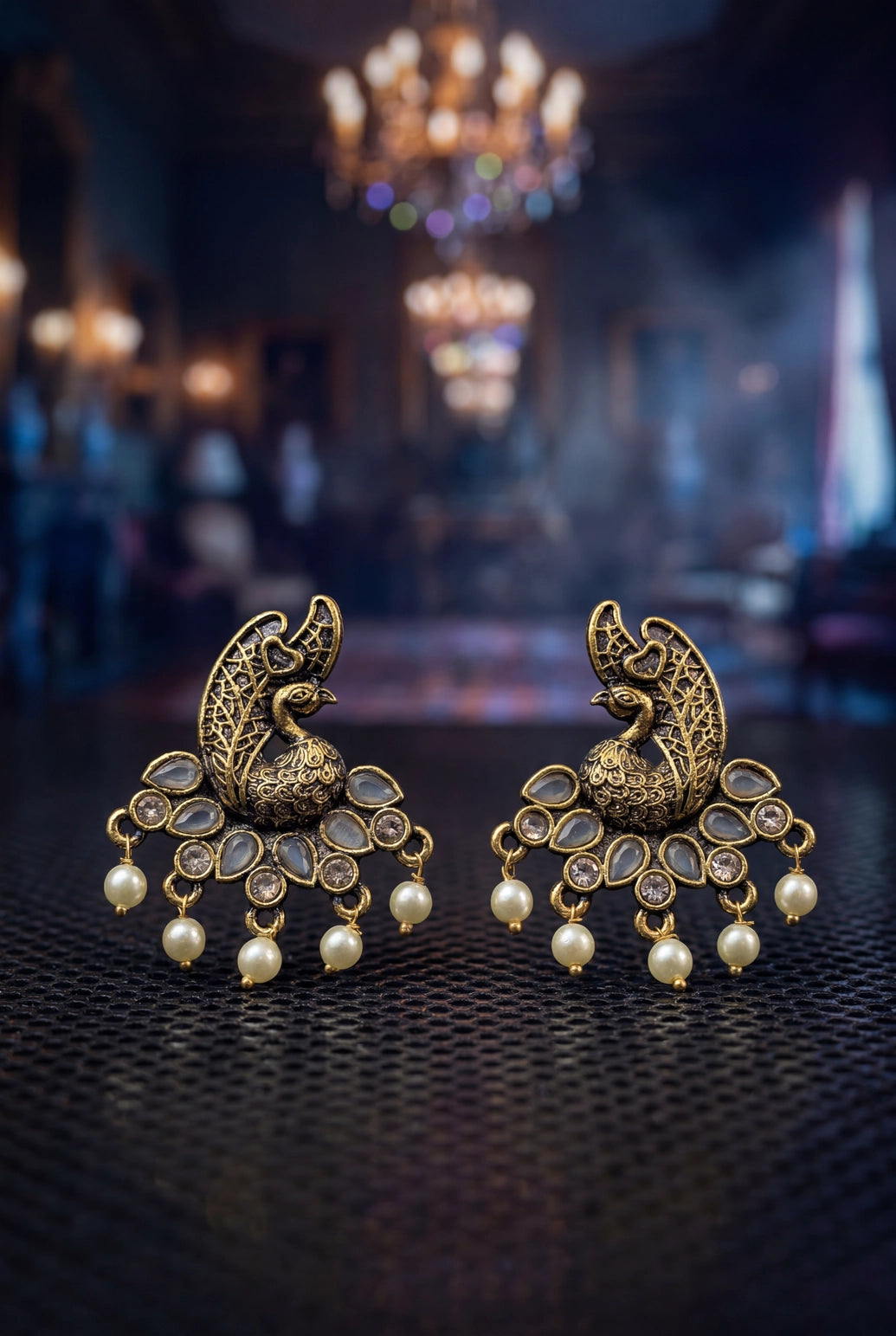 Peacock Motif Traditional Statement Earrings with Teardrop Stones and Pearl Drops - Grey