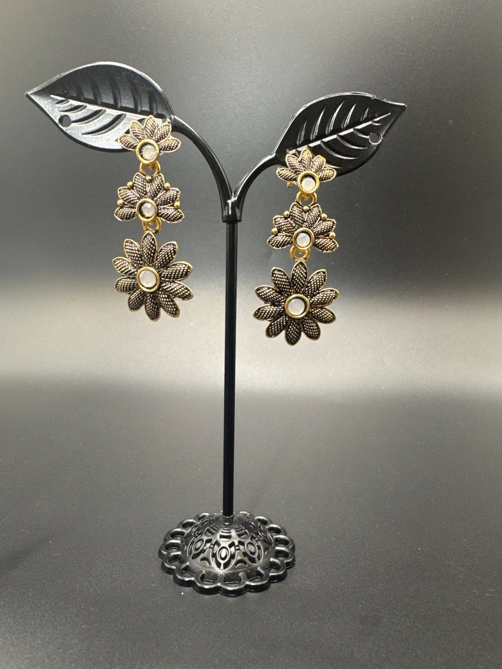 Antique Gold-Tone Floral Drop Earrings with Multi-Colored Stones