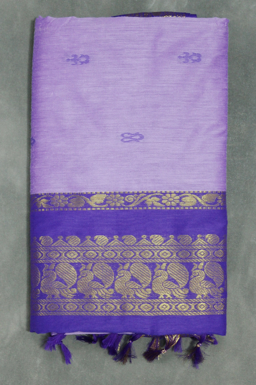Lavender Kalyani Cotton Saree with Gold-Tone Zari Border, Putta Motifs and Tassel Pallu Saree JCS Fashions