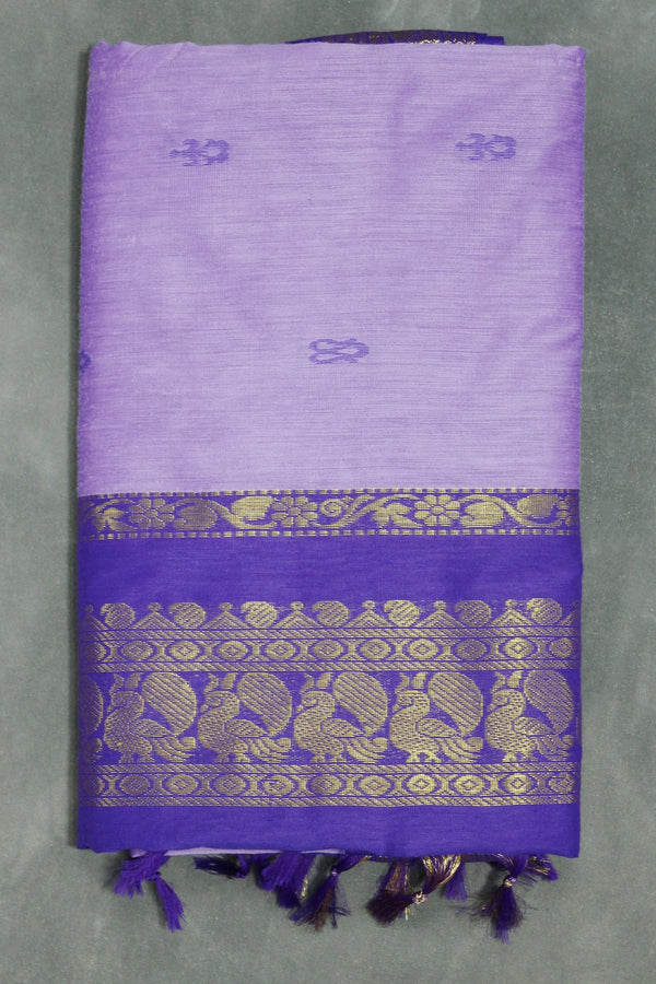 Lavender Kalyani Cotton Saree with Gold-Tone Zari Border, Putta Motifs and Tassel Pallu Saree JCS Fashions