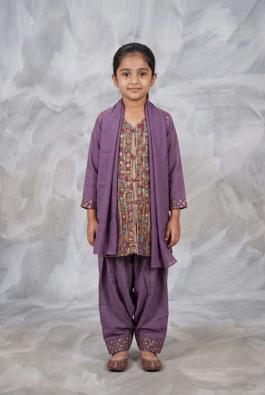 Girls Roman Silk 3-Piece Pakistani Suit Set with Embroidered Kurti, Salwar & Matching Dupatta - Lavender