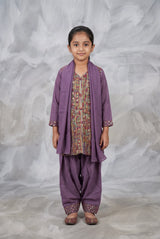 Girls Roman Silk 3-Piece Pakistani Suit Set with Embroidered Kurti, Salwar & Matching Dupatta - Lavender