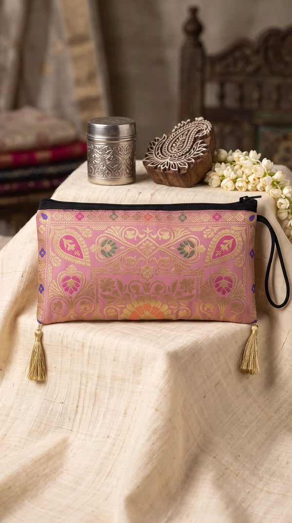 Banarasi Brocade Zip Pouch Clutch with Tassel for Women, Embroidered Nylon Handbag - Lavender