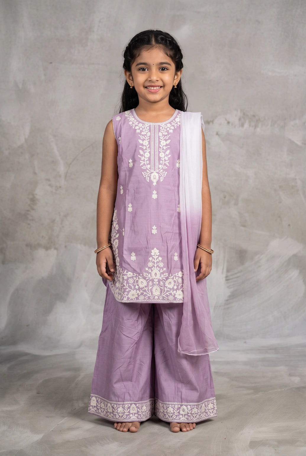 Girls Chanderi 3-Piece Palazzo Set with Embellished Sleeveless Kurti, Matching Palazzo & Dupatta - Lavender