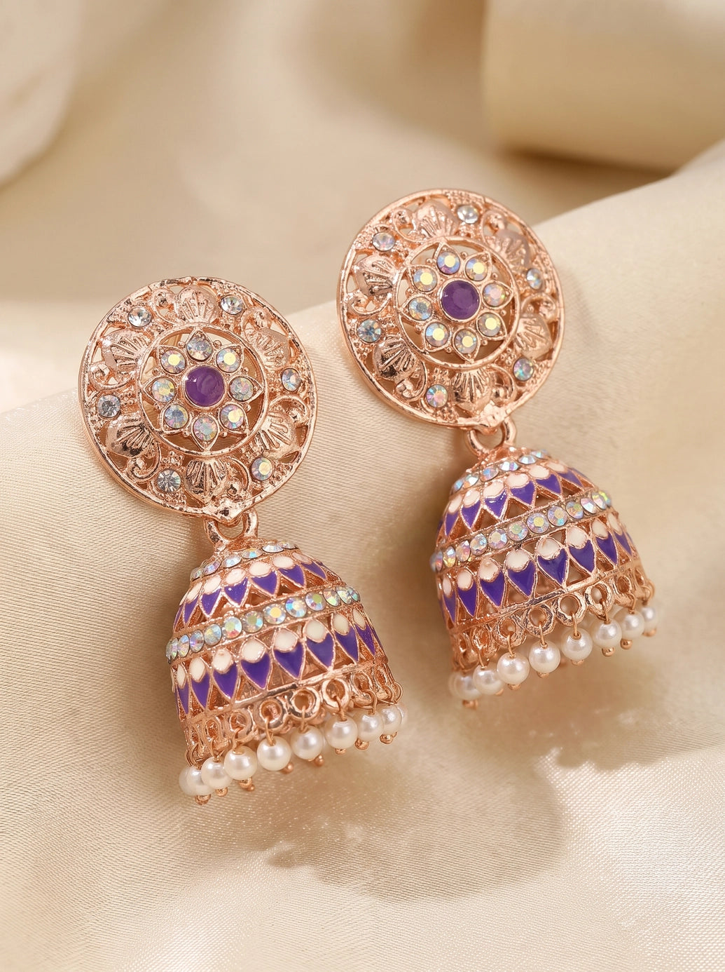 Traditional Jhumka Earrings Gold-Tone Floral Stud with Multicolor Stones and White Bead Drops (Black/Lavender/Peach) - Lavender