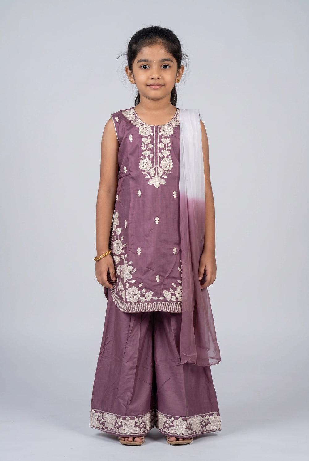 Girls Roman Silk 3-Piece Palazzo Set with Floral Embroidery, Matching Kurti, Palazzo Pants & Dupatta - Lavender