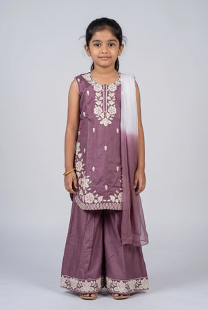 Girls Roman Silk 3-Piece Palazzo Set with Floral Embroidery, Matching Kurti, Palazzo Pants & Dupatta