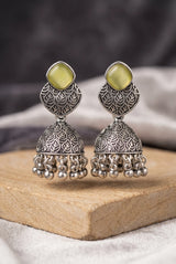 Oxidized Silver-Tone Jhumka Earrings with Square Stone, Leaf Engraved Top & Ghungroo Beads (Sea Blue/Mint/Lemon) - Lemon Yellow