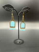 Antique Gold-Tone Arch Drop Earrings with Bead Fringe-Multiple Colours Jewelry JCS Fashions Light Blue 2.2 inch
