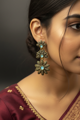 Antique Gold-Tone Floral Drop Earrings with Multi-Colored Stones