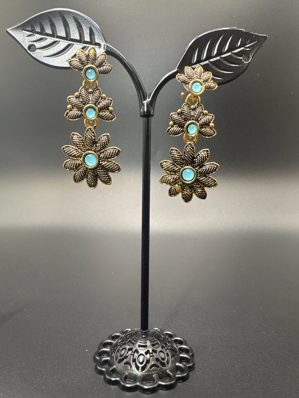 Antique Gold-Tone Floral Drop Earrings with Multi-Colored Stones