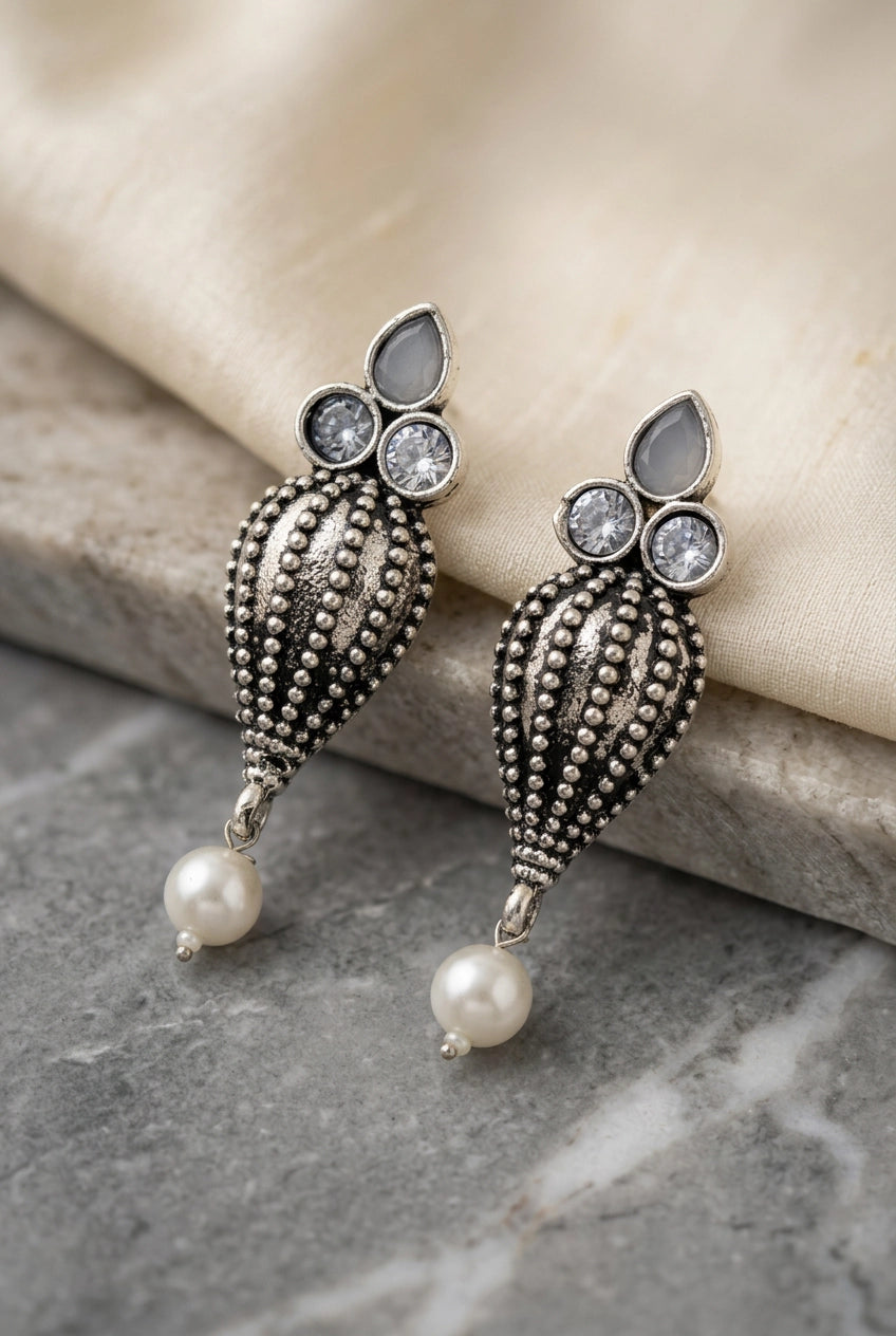 Antique Oxidized Silver Teardrop Jhumka Earrings with Pearls & Crystal Stones (1 Pair) - Light Grey