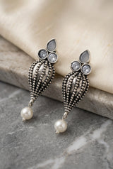Antique Oxidized Silver Teardrop Jhumka Earrings with Pearls & Crystal Stones (1 Pair) - Light Grey