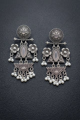 Oxidized Silver Floral & Stone Statement Earrings with Pearl Drops for Festive Ethnic Wear - Light Pink