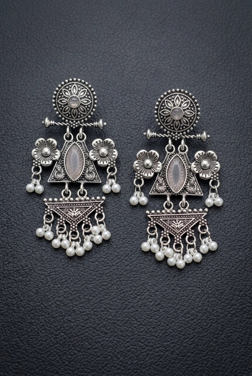 Oxidized Silver Floral & Stone Statement Earrings with Pearl Drops for Festive Ethnic Wear - Light Pink