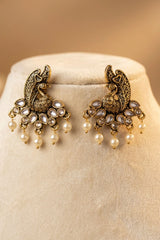 Peacock Motif Traditional Statement Earrings with Teardrop Stones and Pearl Drops - Light Pink