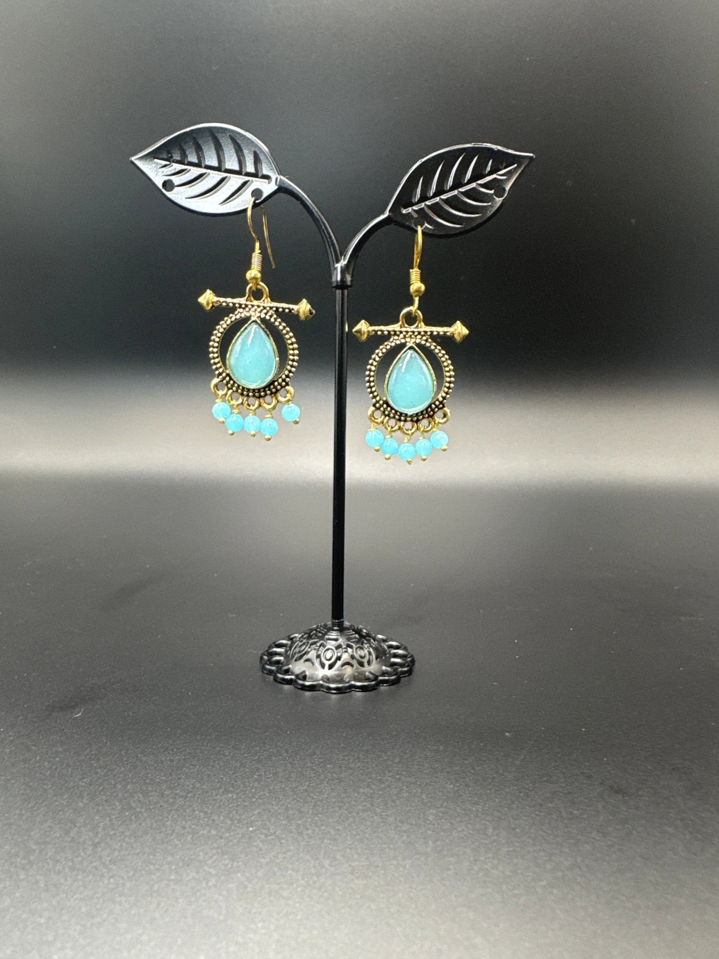 Antique gold-tone drop earrings with stone cabochon & bead dangles