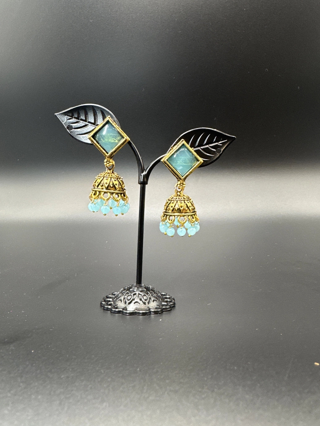 Oxidized Gold-Look Jhumka Earrings with Square Stone & Beads Jewelry JCS Fashions Light blue 1.50 inch