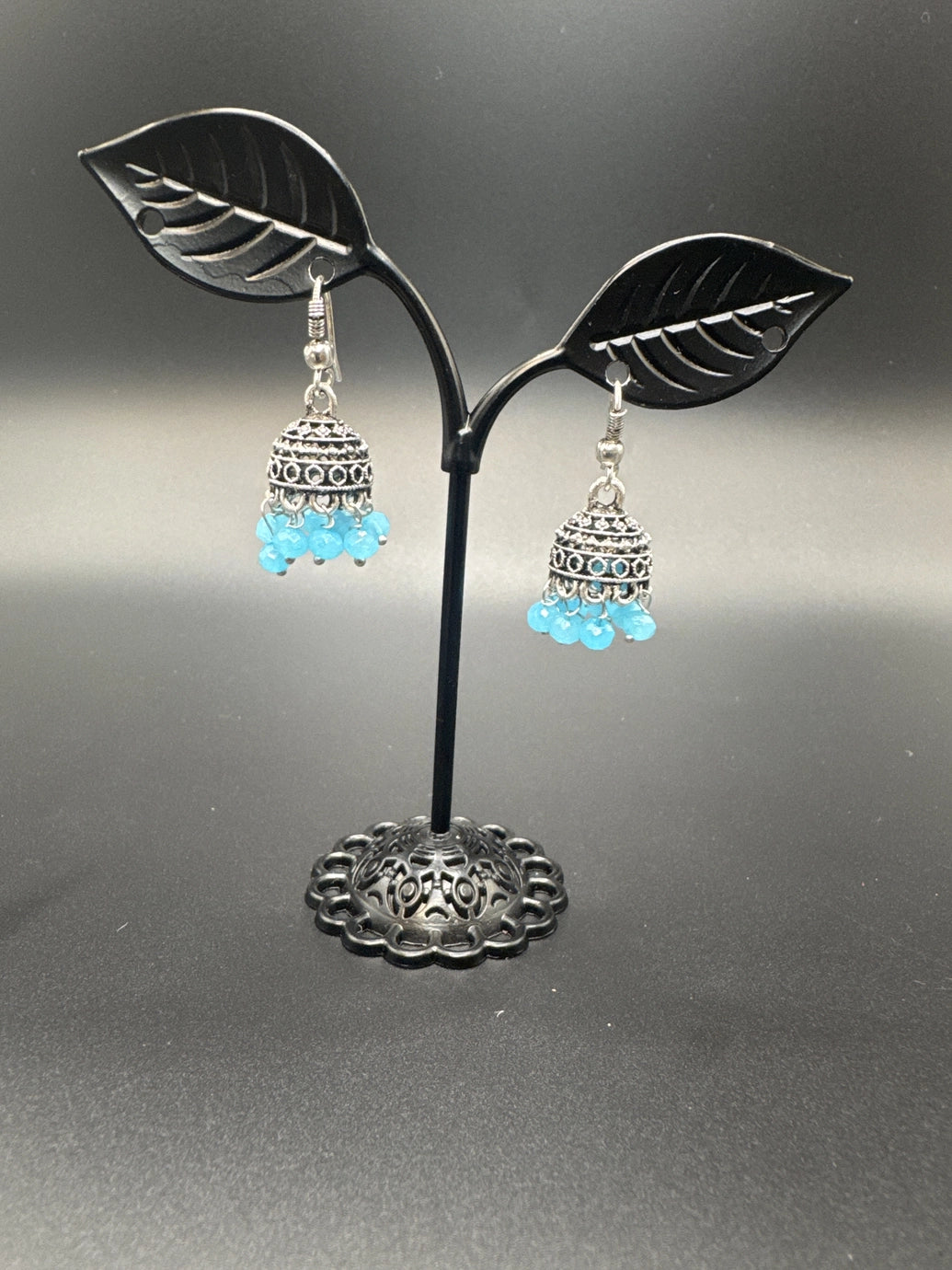 Oxidized Silver Jhumka Earrings with Beads - 1.2 inch Jewelry JCS Fashions Light blue 1.2 inch