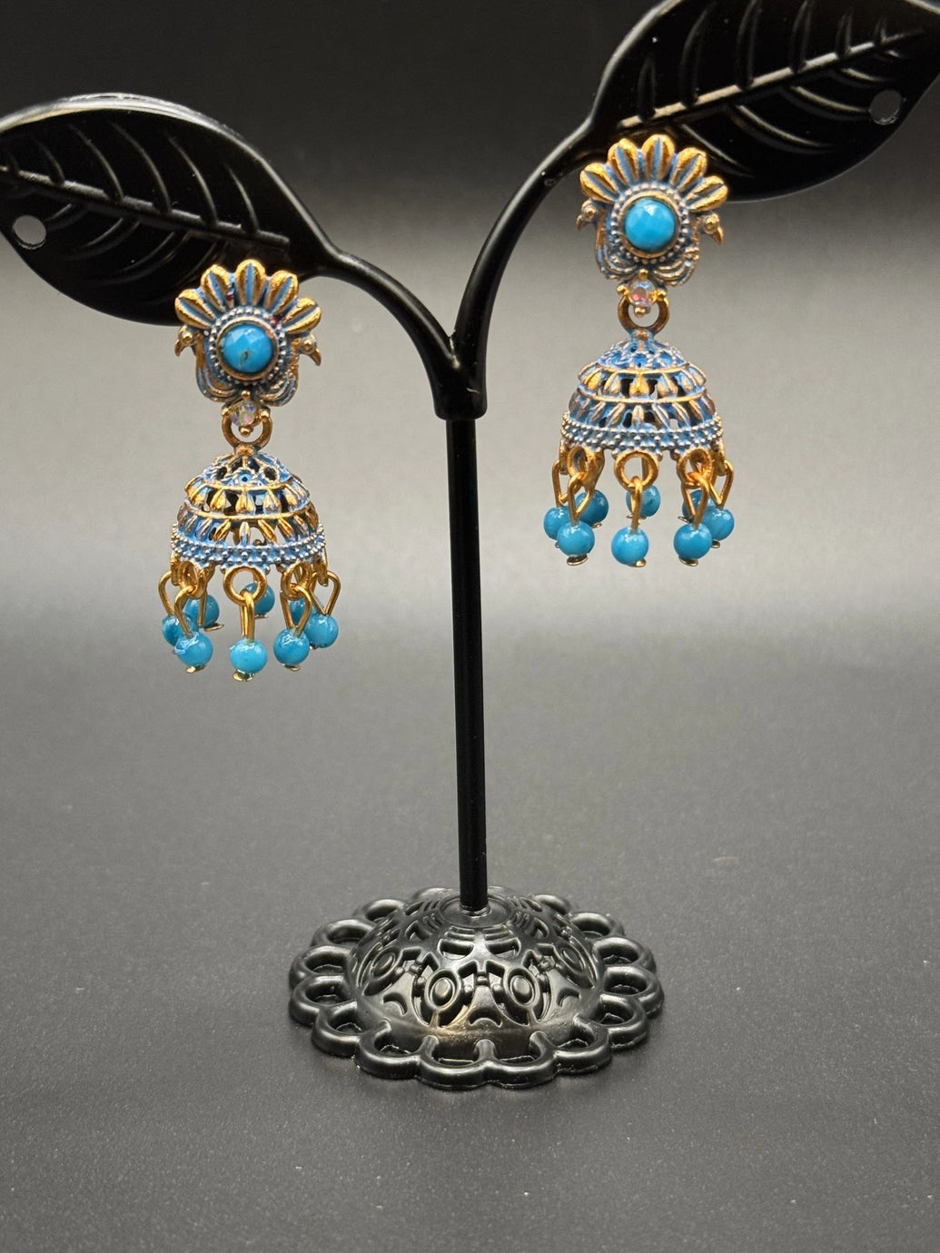 Antique Look Floral Jhumka Earrings - Gold-Tone Traditional Jhumkas in Maroon, Royal Blue, Light Blue, Pink & Green - Pair Jewelry JCS Fashions Light blue 1 inch